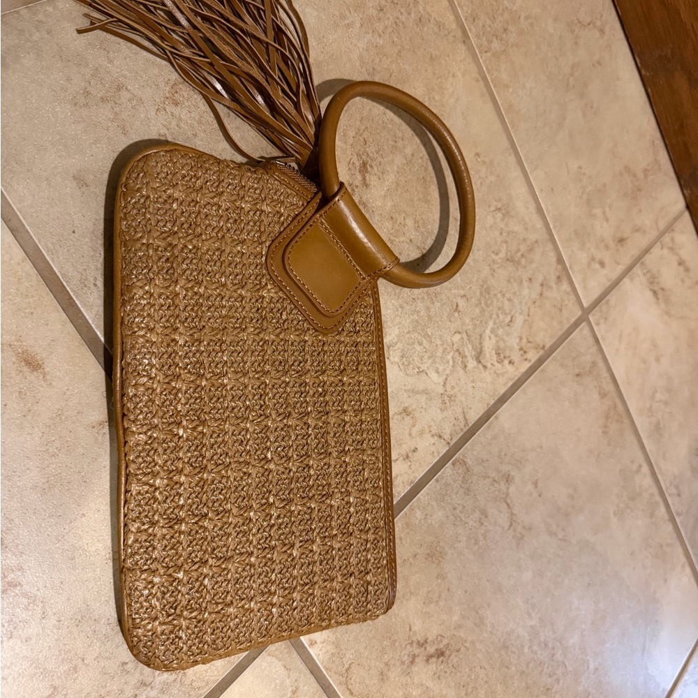 HOBO Woven Straw Wristlet in Tan with Leather Handle